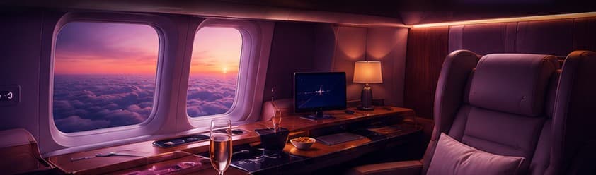 Onboard private jet cabin at sunset